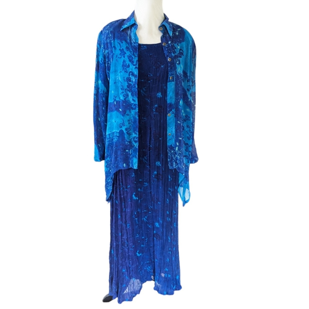 Vintage Lola P Dress Set Small Chiffon Blue Floral Artsy Boho Flowy Sheer Top